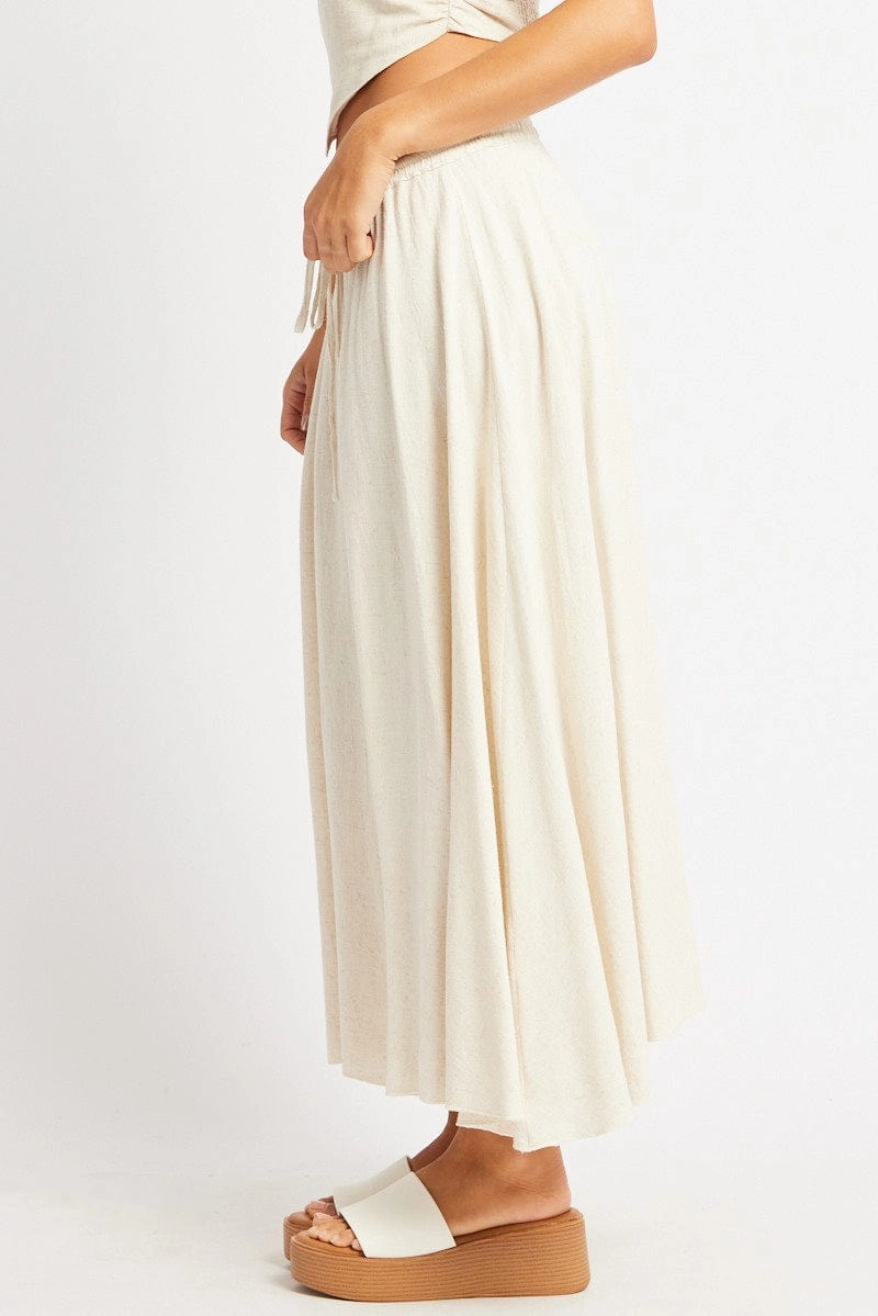 Beige Midaxi Skirt High Rise Volume Linen Blend