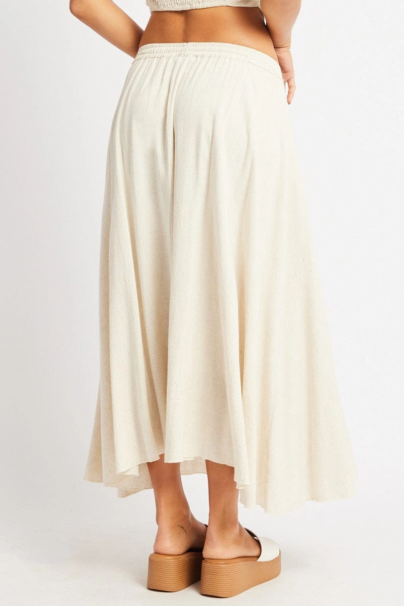 Beige Midaxi Skirt High Rise Volume Linen Blend