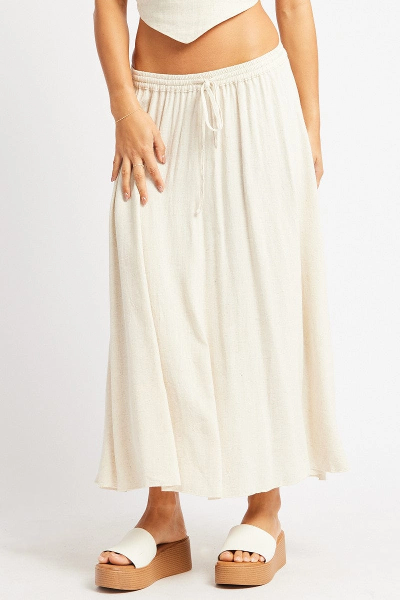 Beige Midaxi Skirt High Rise Volume Linen Blend