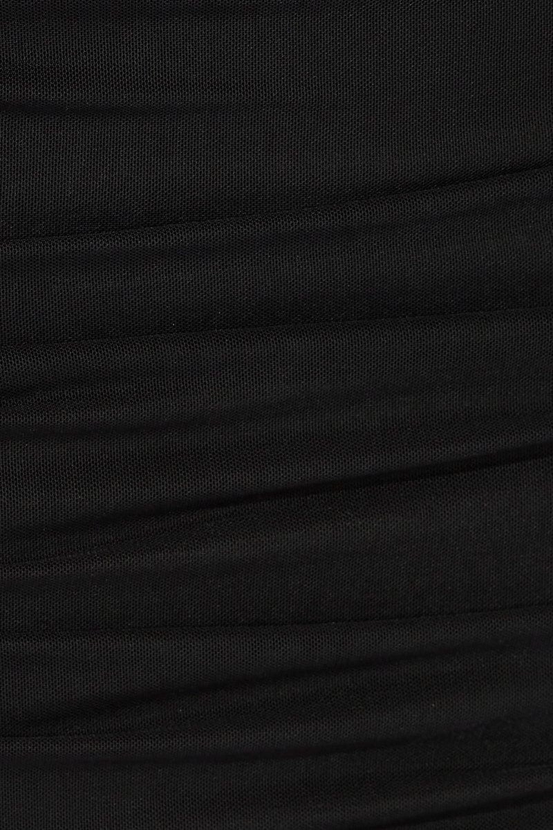 Black Abstract Midi Skirt Side Ruched Mesh