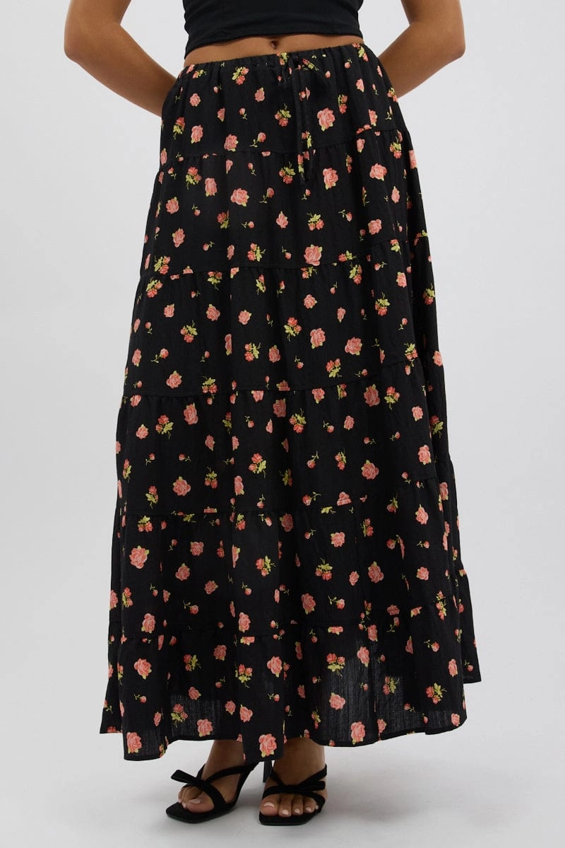 Black Ditsy Maxi Skirt Tiered High Rise