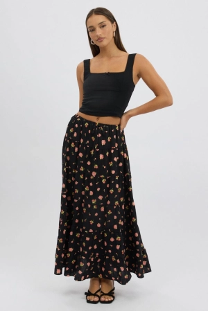 Black Ditsy Maxi Skirt Tiered High Rise