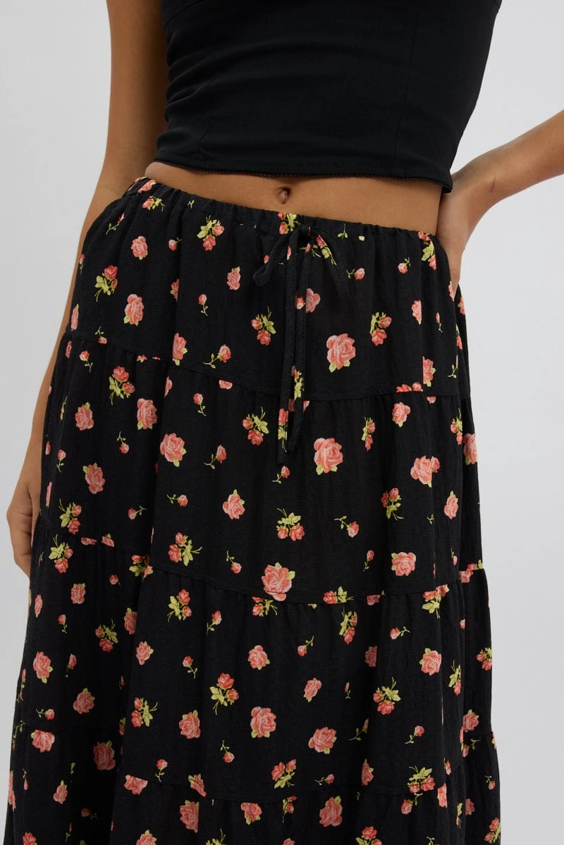 Black Ditsy Maxi Skirt Tiered High Rise