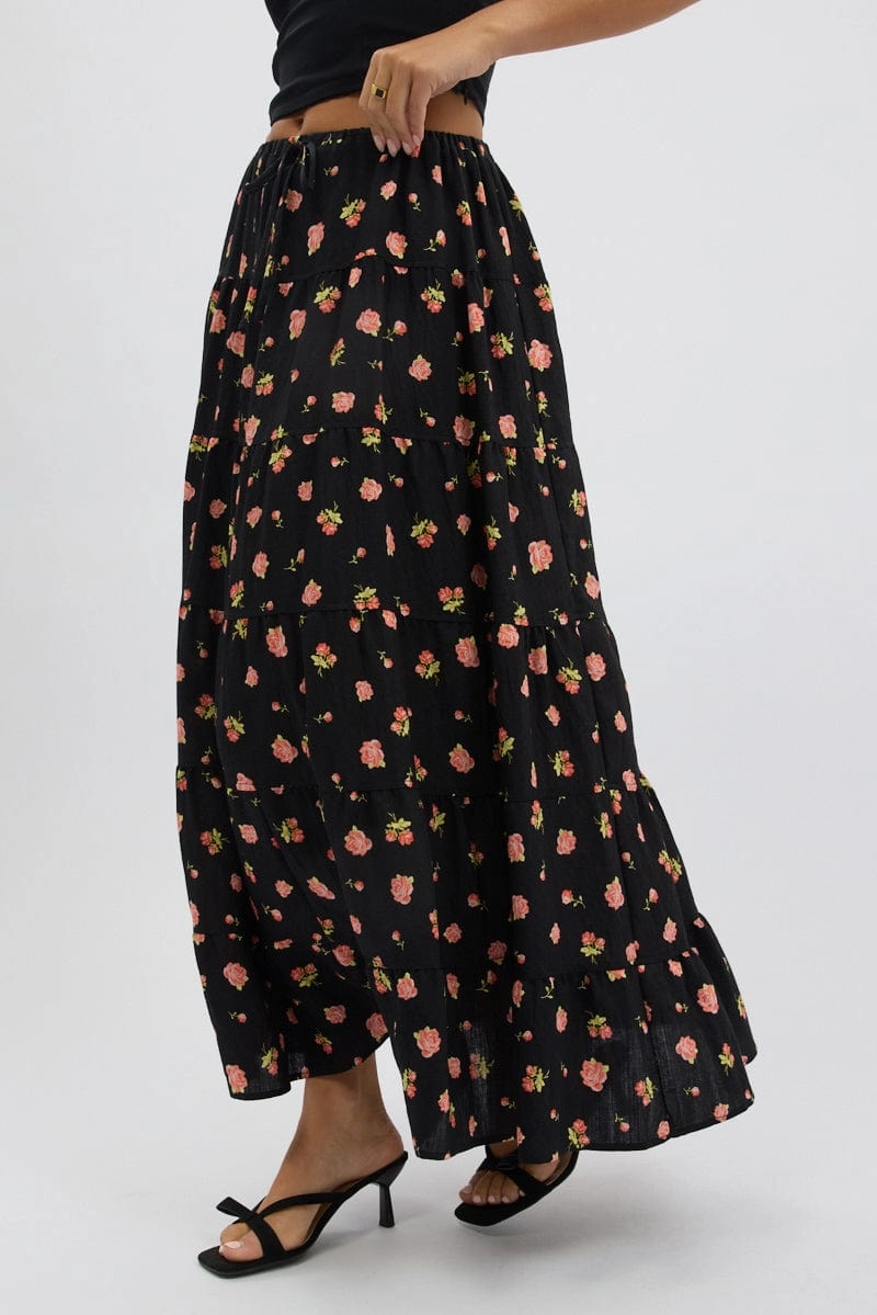 Black Ditsy Maxi Skirt Tiered High Rise