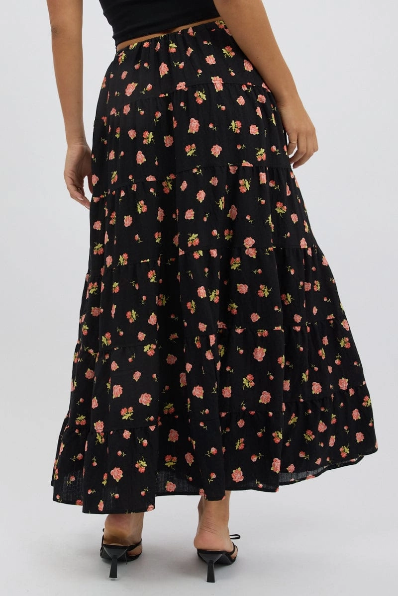 Black Ditsy Maxi Skirt Tiered High Rise