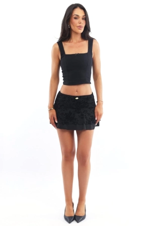 Black Floral Mini Skirt Elastic vWaist Skater Layered Burnout