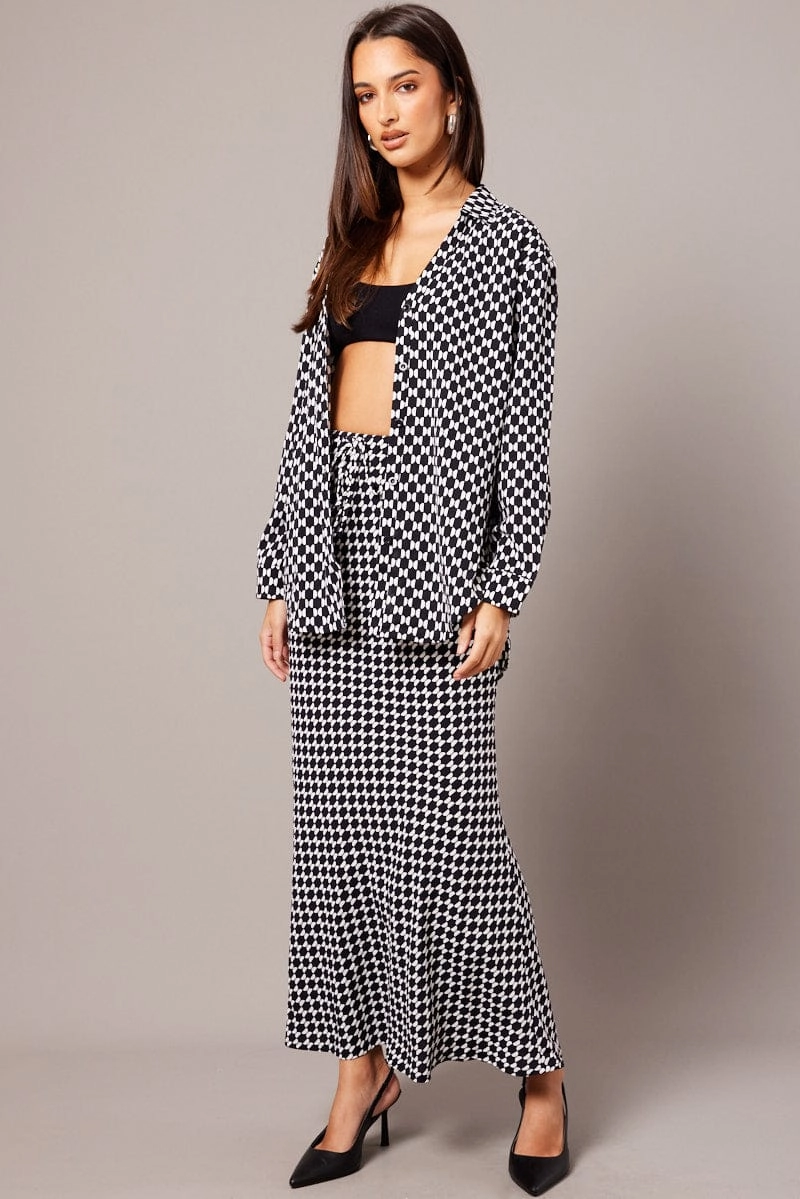 Black Geo Slip Skirt Maxi Drawstring Waist