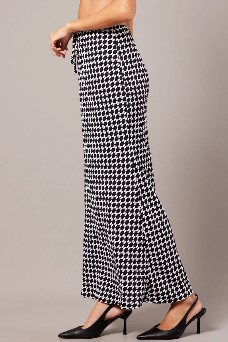 Black Geo Slip Skirt Maxi Drawstring Waist