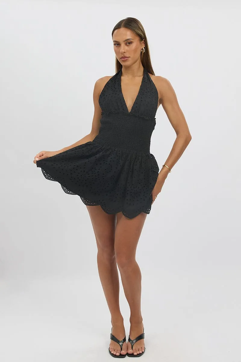 Black Halter Neck Dress Mini Eyelet Fabric