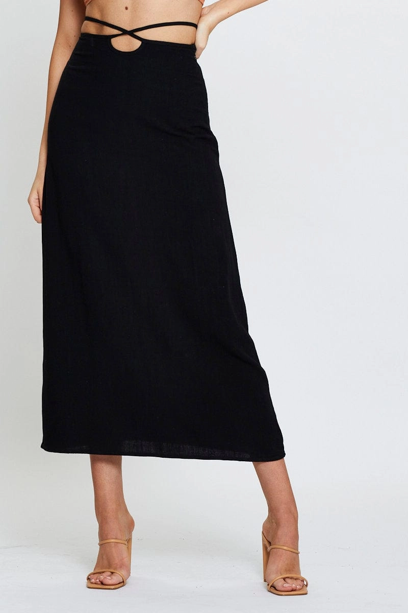 Black Linen Blend Wrap Tie Waist Maxi Skirt