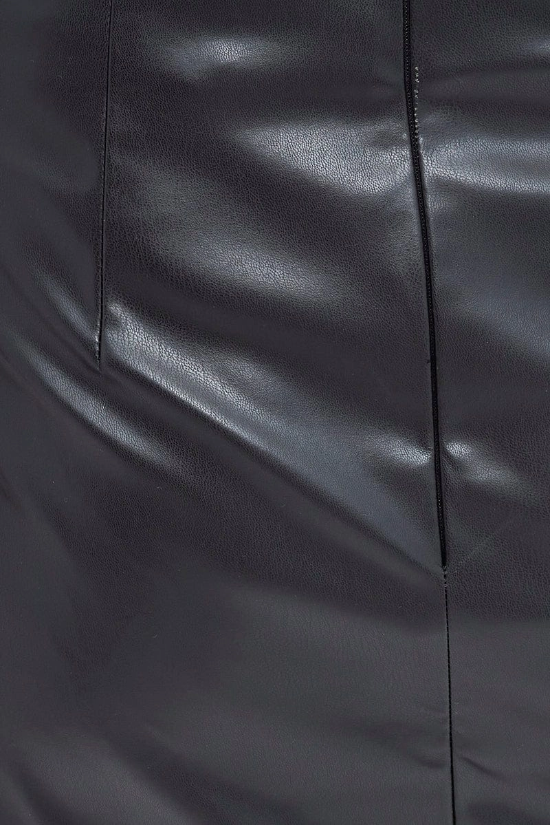 Black Midi Skirt Front Split Faux Leather