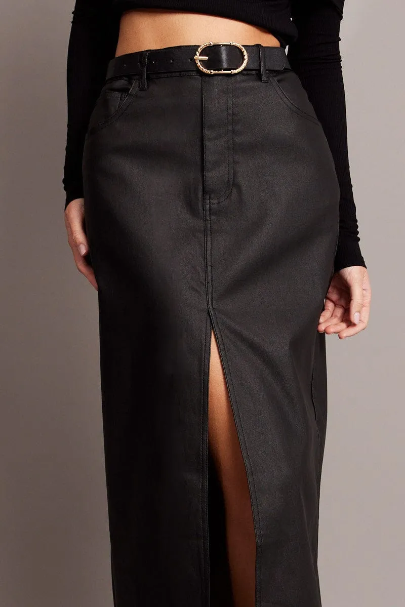 Black Midi Skirt High Rise Coated Fabric