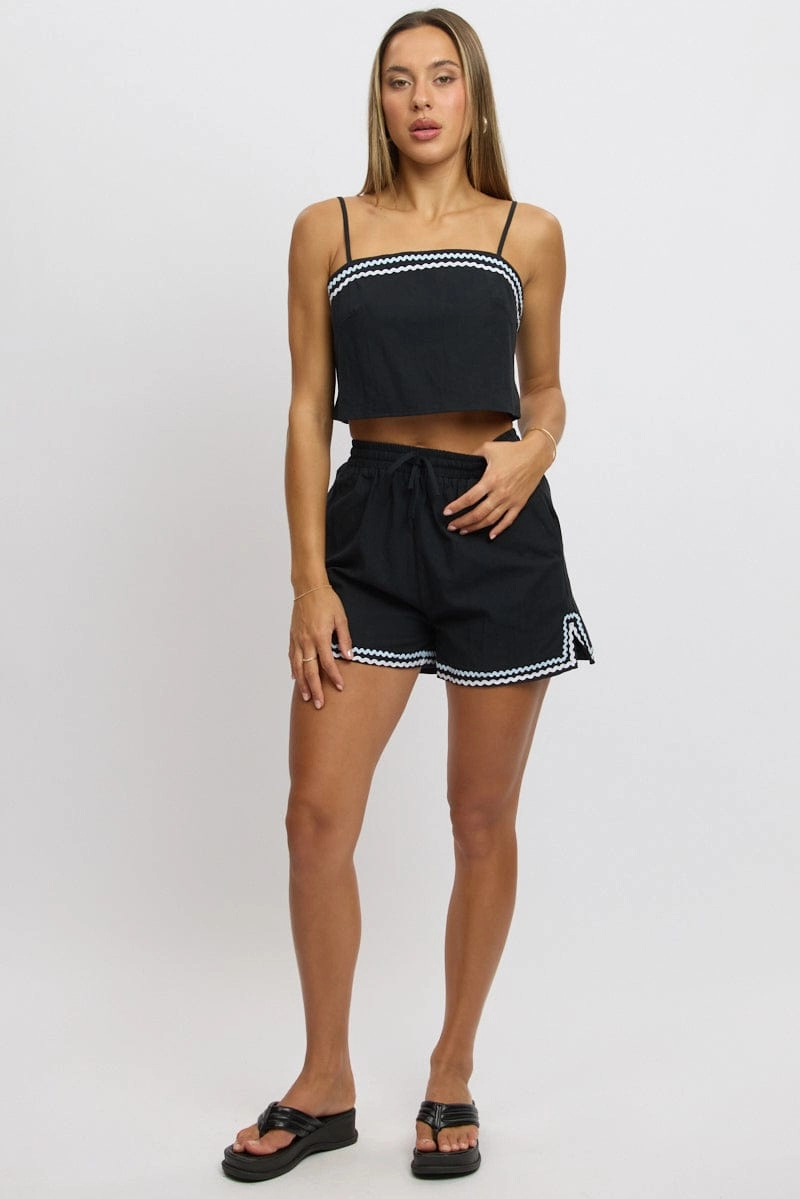 Black Shorts Elasticated Waist Ric Rac