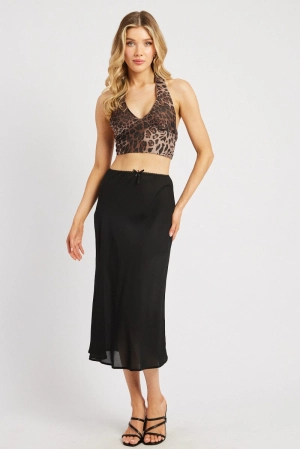 Black Slip Skirt High Rise Elastic Waist Midi