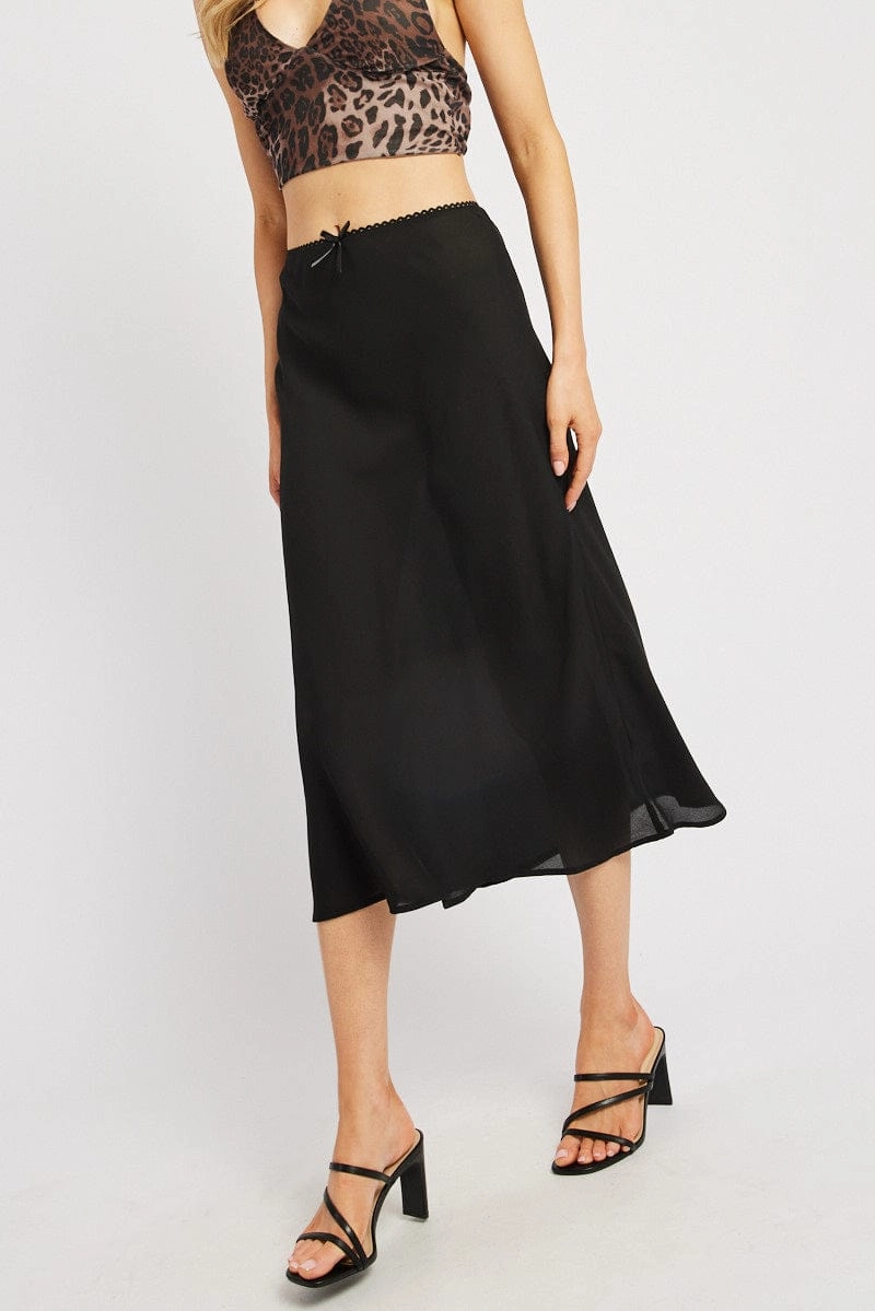 Black Slip Skirt High Rise Elastic Waist Midi