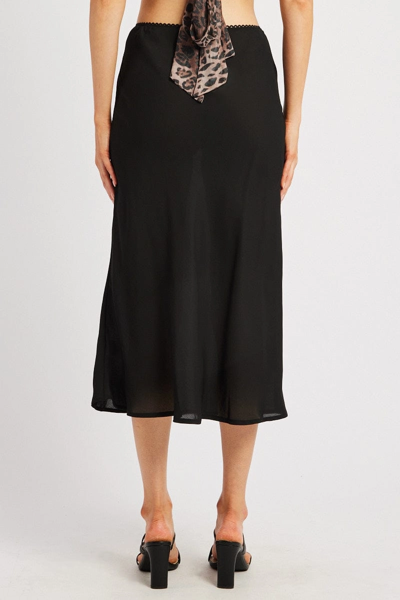 Black Slip Skirt High Rise Elastic Waist Midi