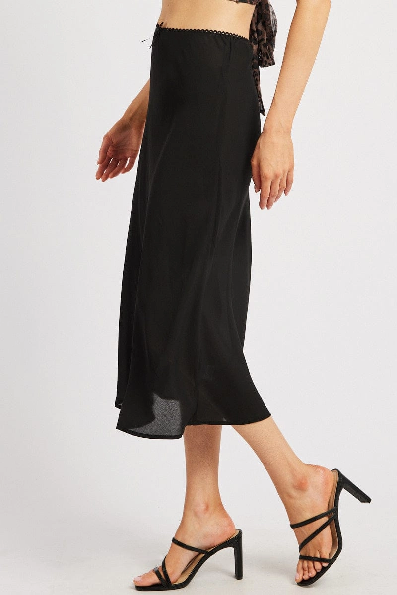 Black Slip Skirt High Rise Elastic Waist Midi