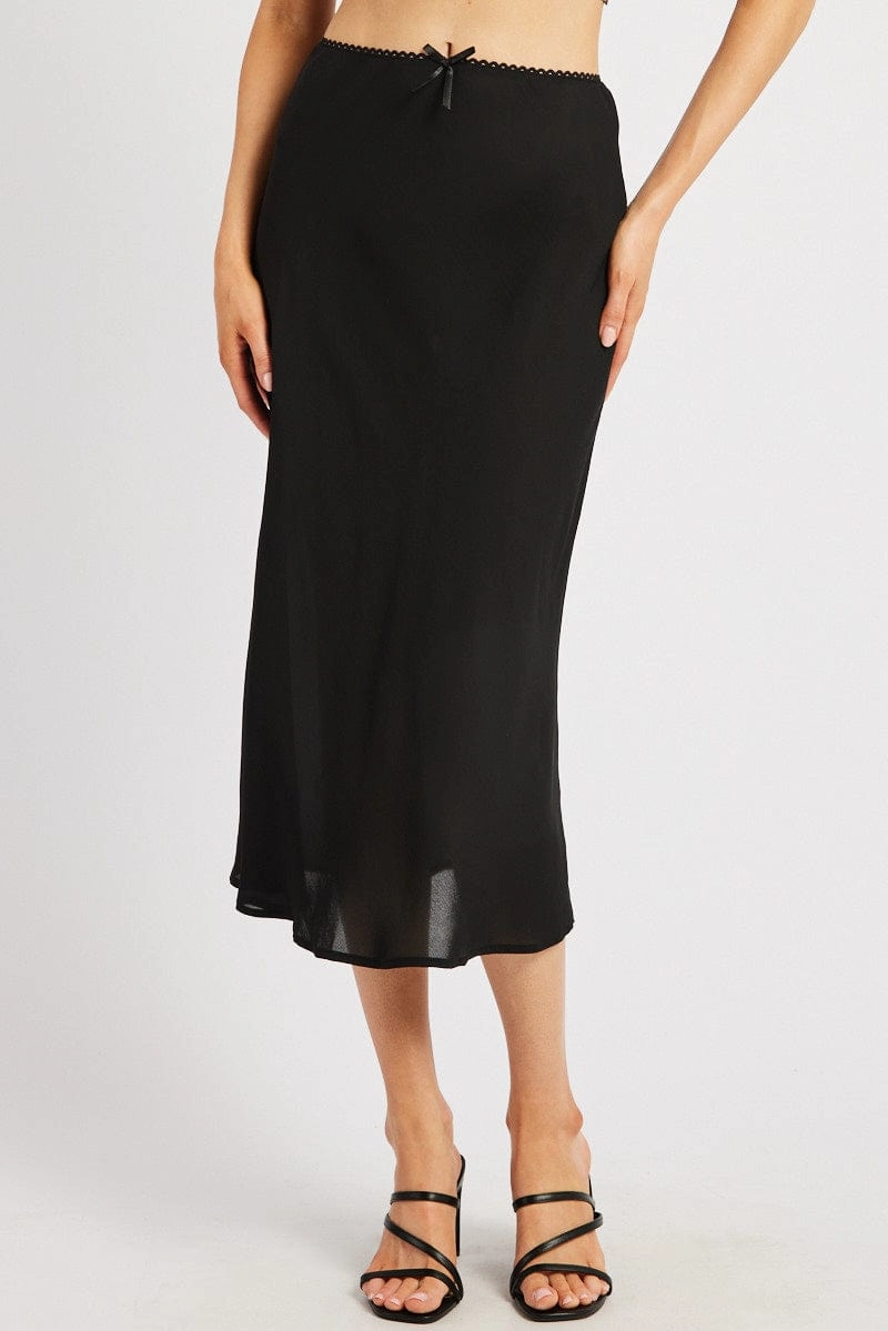 Black Slip Skirt High Rise Elastic Waist Midi