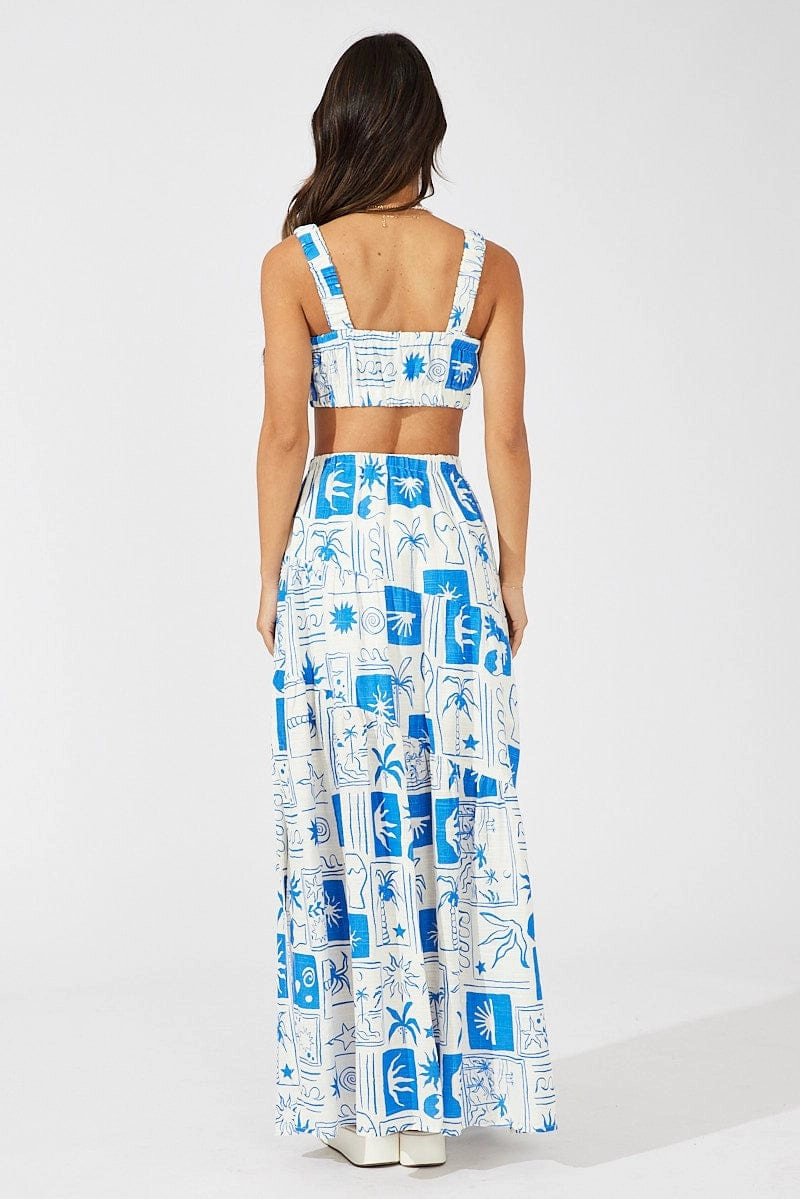 Blue Asymmetric Tiered Maxi Skirt