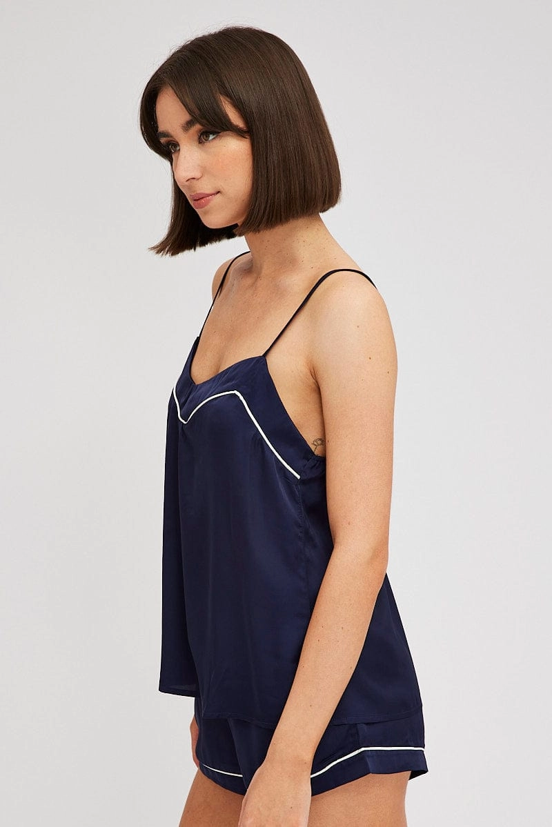 Blue Cami PJ Set Satin Piping Nightwear Pyjama Set