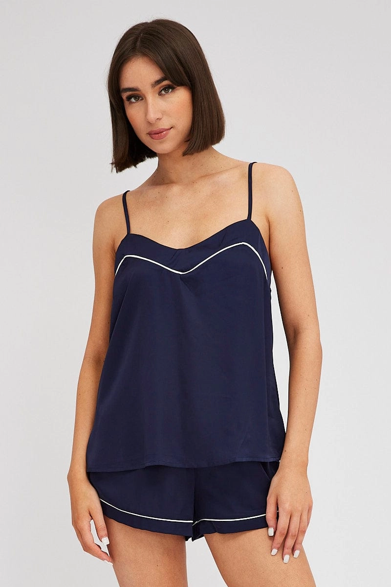 Blue Cami PJ Set Satin Piping Nightwear Pyjama Set