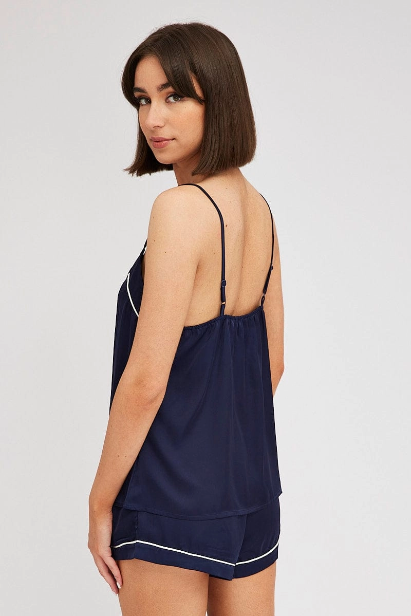 Blue Cami PJ Set Satin Piping Nightwear Pyjama Set