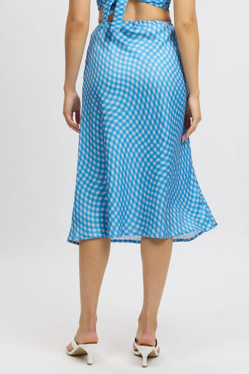 Blue Check Slip Skirt High Rise Elasticated Waistband Midaxi