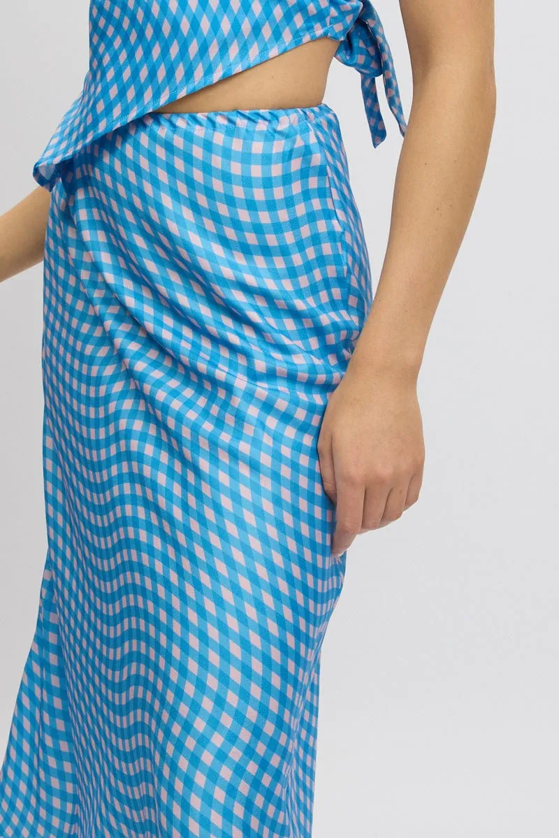 Blue Check Slip Skirt High Rise Elasticated Waistband Midaxi