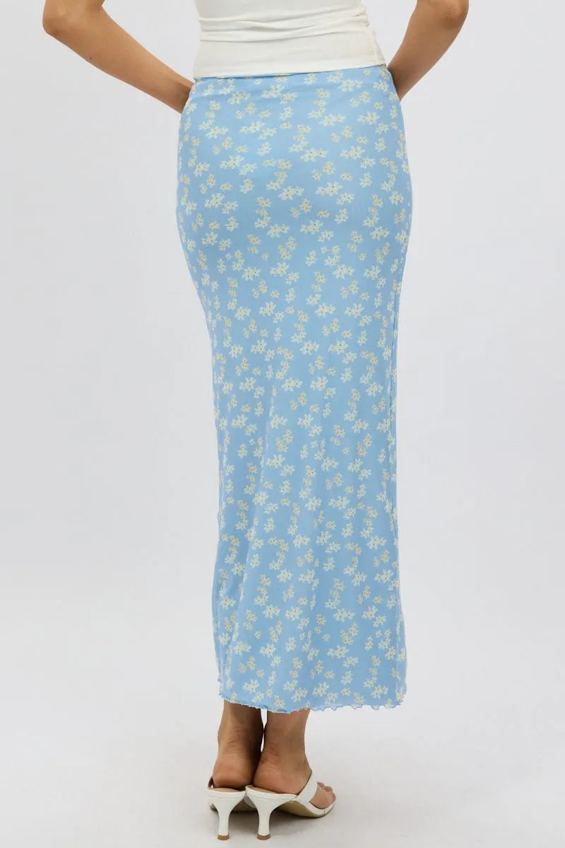 Blue Ditsy Maxi Skirt Elastic Waist Mesh Lined
