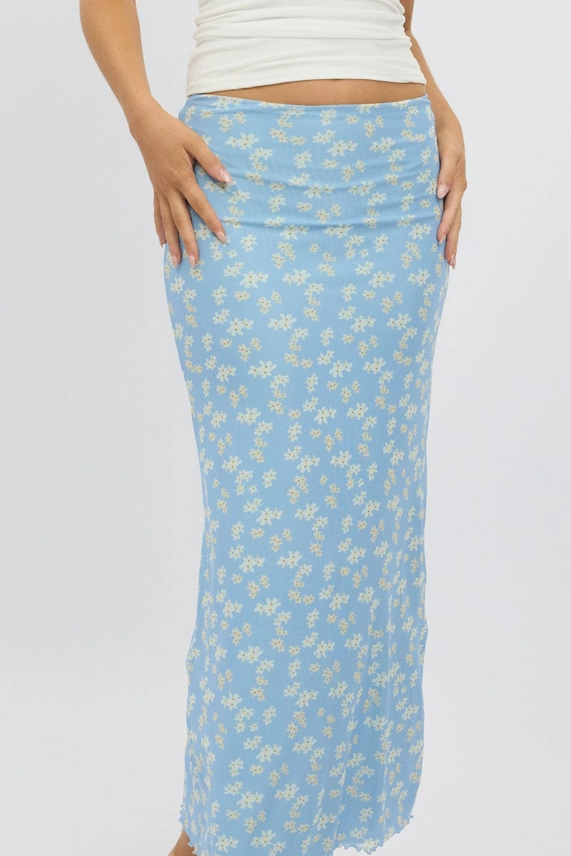 Blue Ditsy Maxi Skirt Elastic Waist Mesh Lined