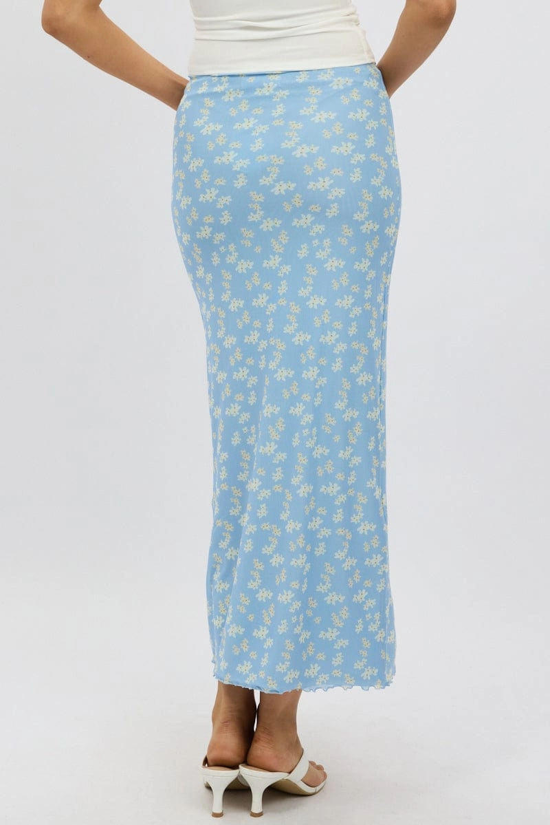 Blue Ditsy Maxi Skirt Elastic Waist Mesh Lined