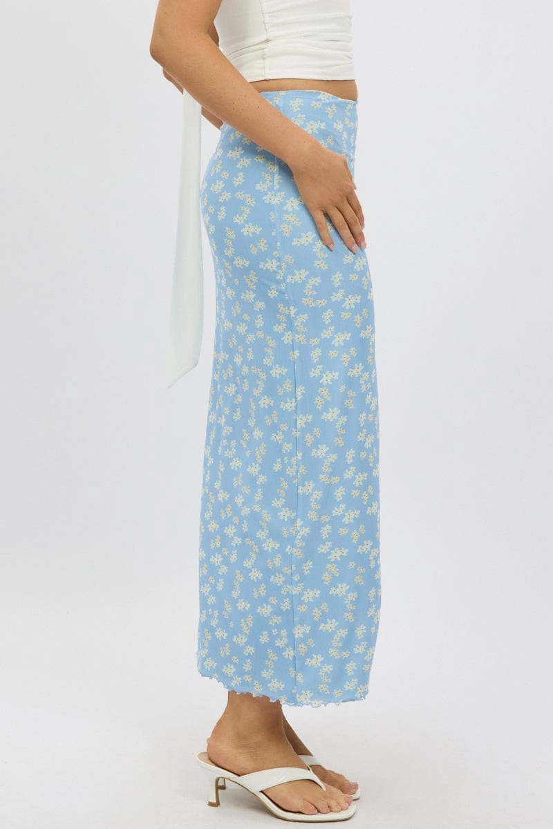Blue Ditsy Maxi Skirt Elastic Waist Mesh Lined