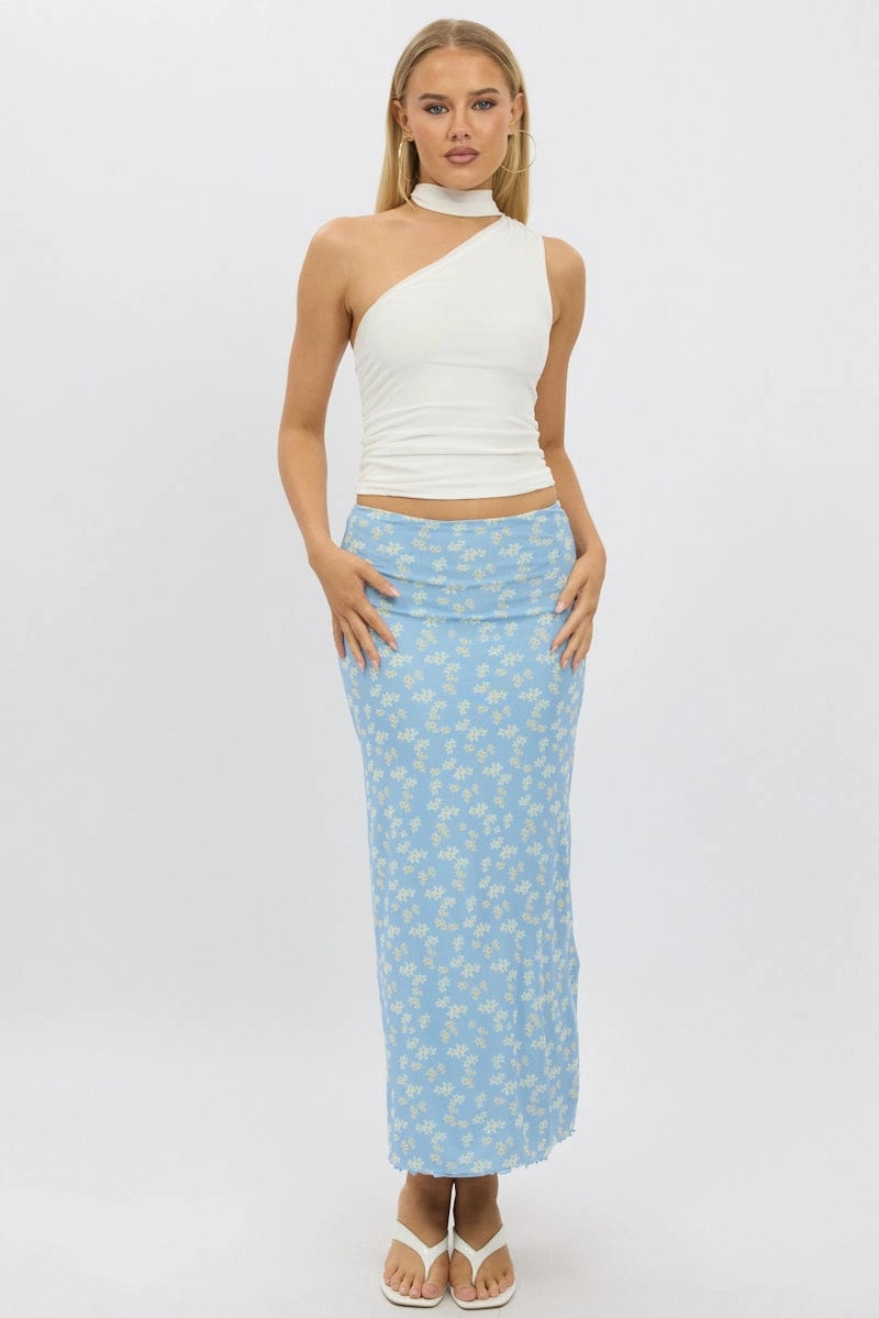 Blue Ditsy Maxi Skirt Elastic Waist Mesh Lined