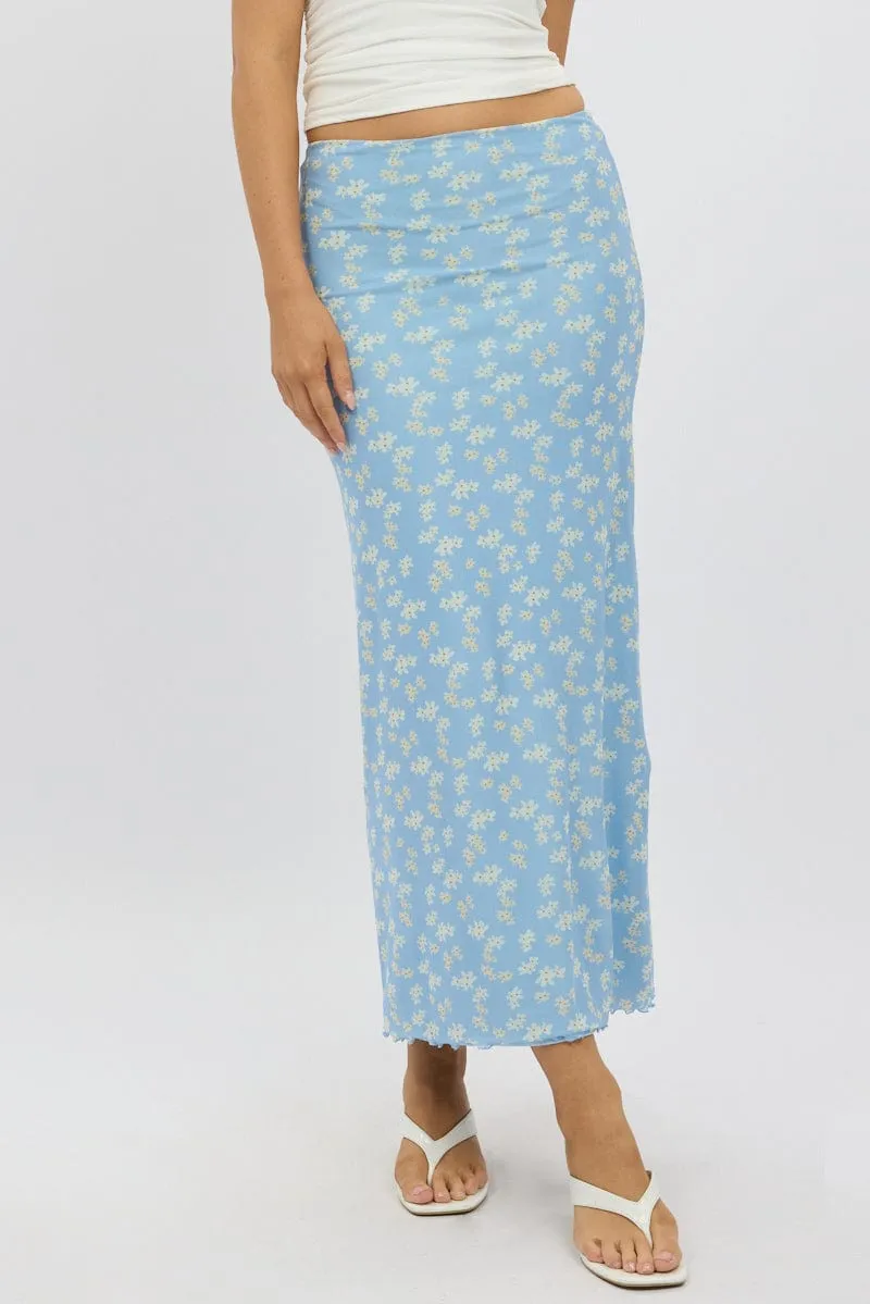 Blue Ditsy Maxi Skirt Elastic Waist Mesh Lined