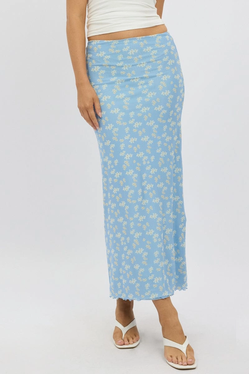 Blue Ditsy Maxi Skirt Elastic Waist Mesh Lined