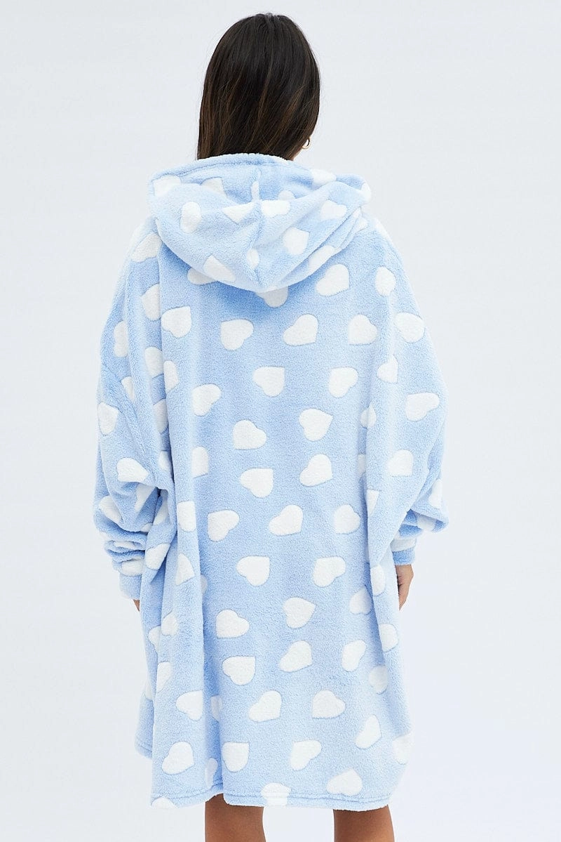 Blue Print Heart Print Cosy Blanket Hoodie PJ