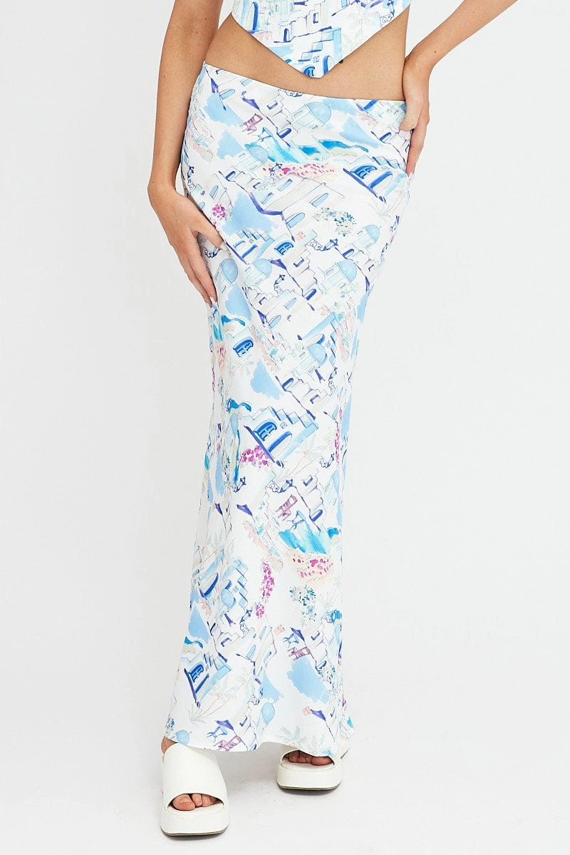 Blue Print Maxi Bias Skirt
