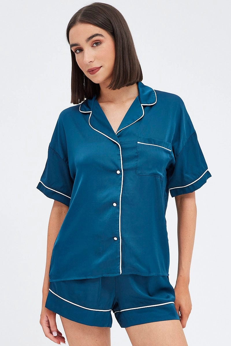 Blue Satin Pj Piping Button Through Pyjama Set