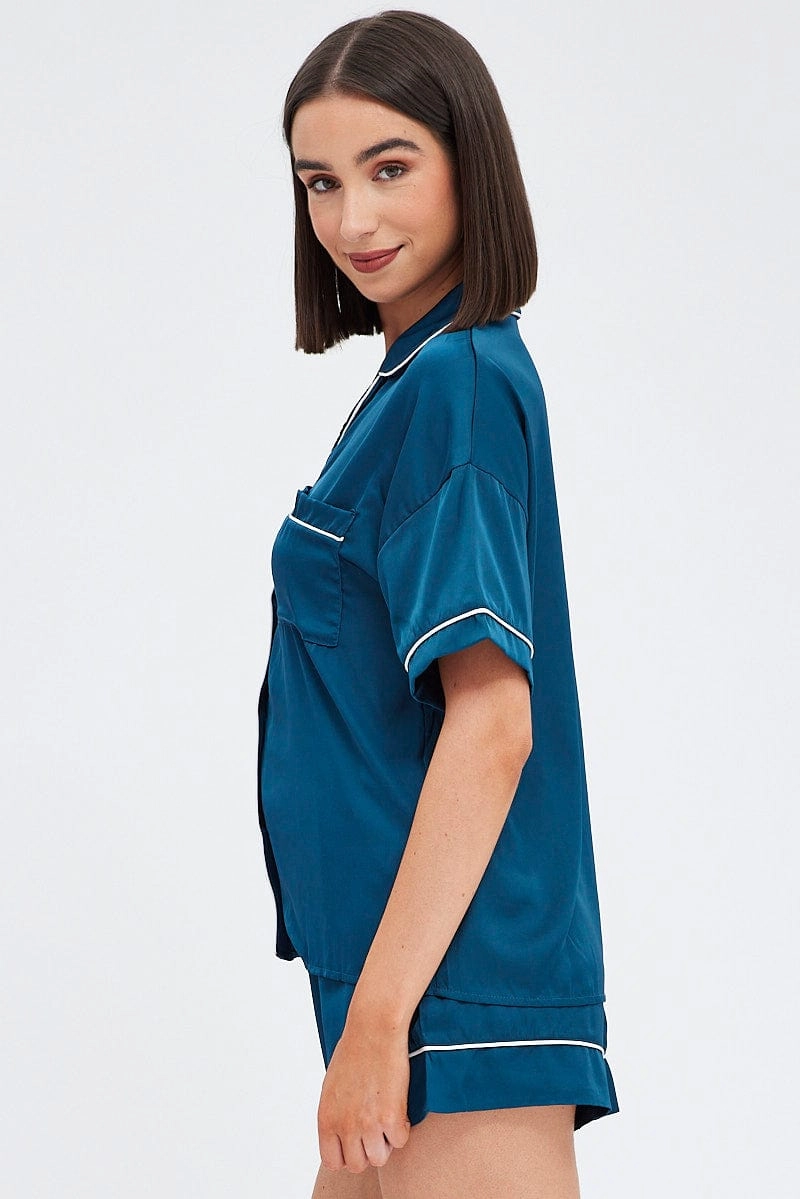 Blue Satin Pj Piping Button Through Pyjama Set