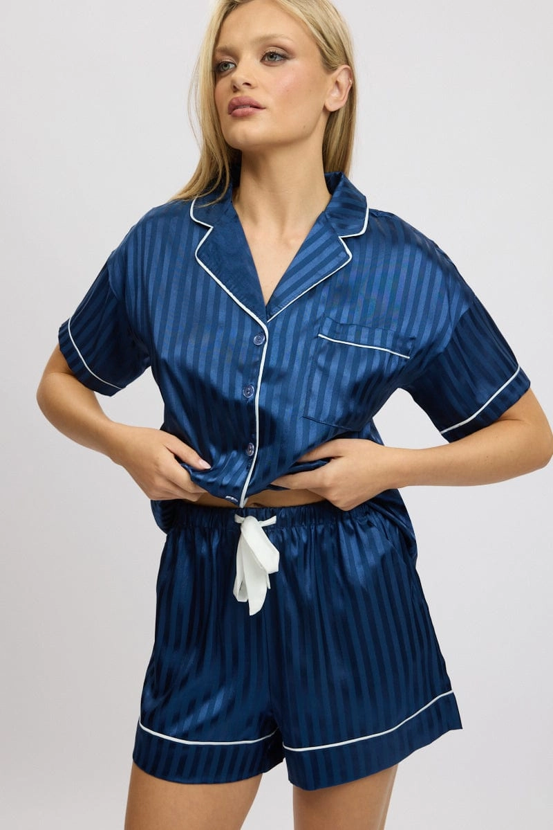 Blue Stripe Satin Pyjamas Set Short Sleeve