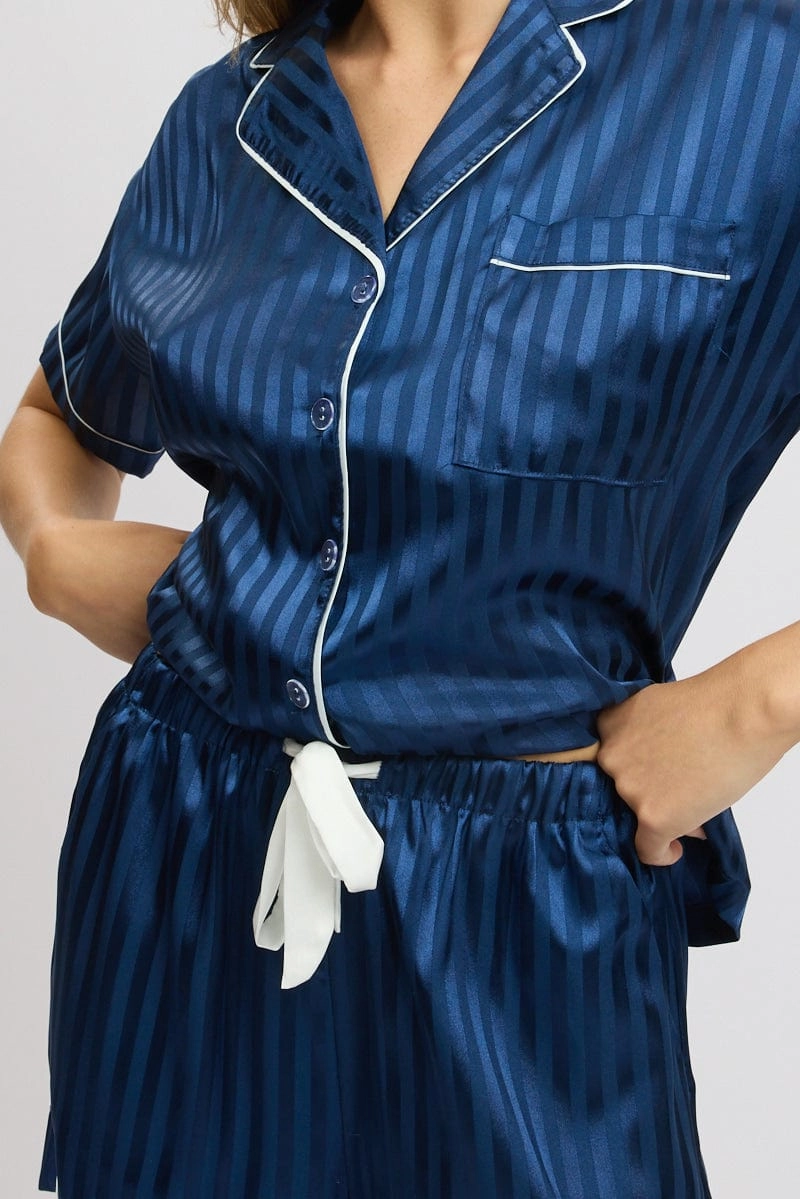 Blue Stripe Satin Pyjamas Set Short Sleeve
