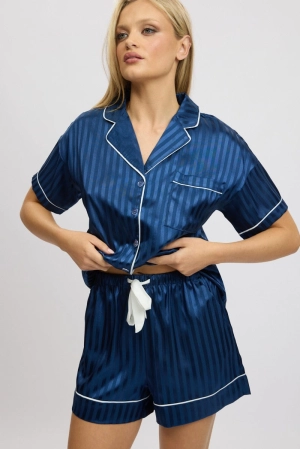 Blue Stripe Satin Pyjamas Set Short Sleeve