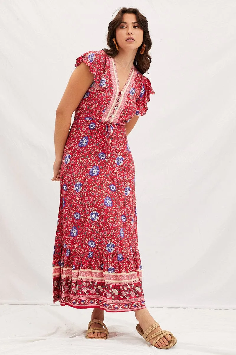 Boho Print V-Neck Short Sleeve Maxi Dress