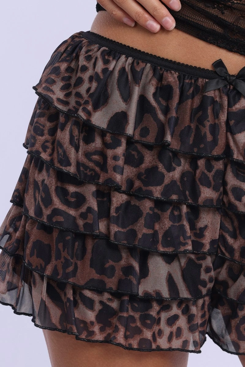 Brown Animal Print Mini Shorts Mesh