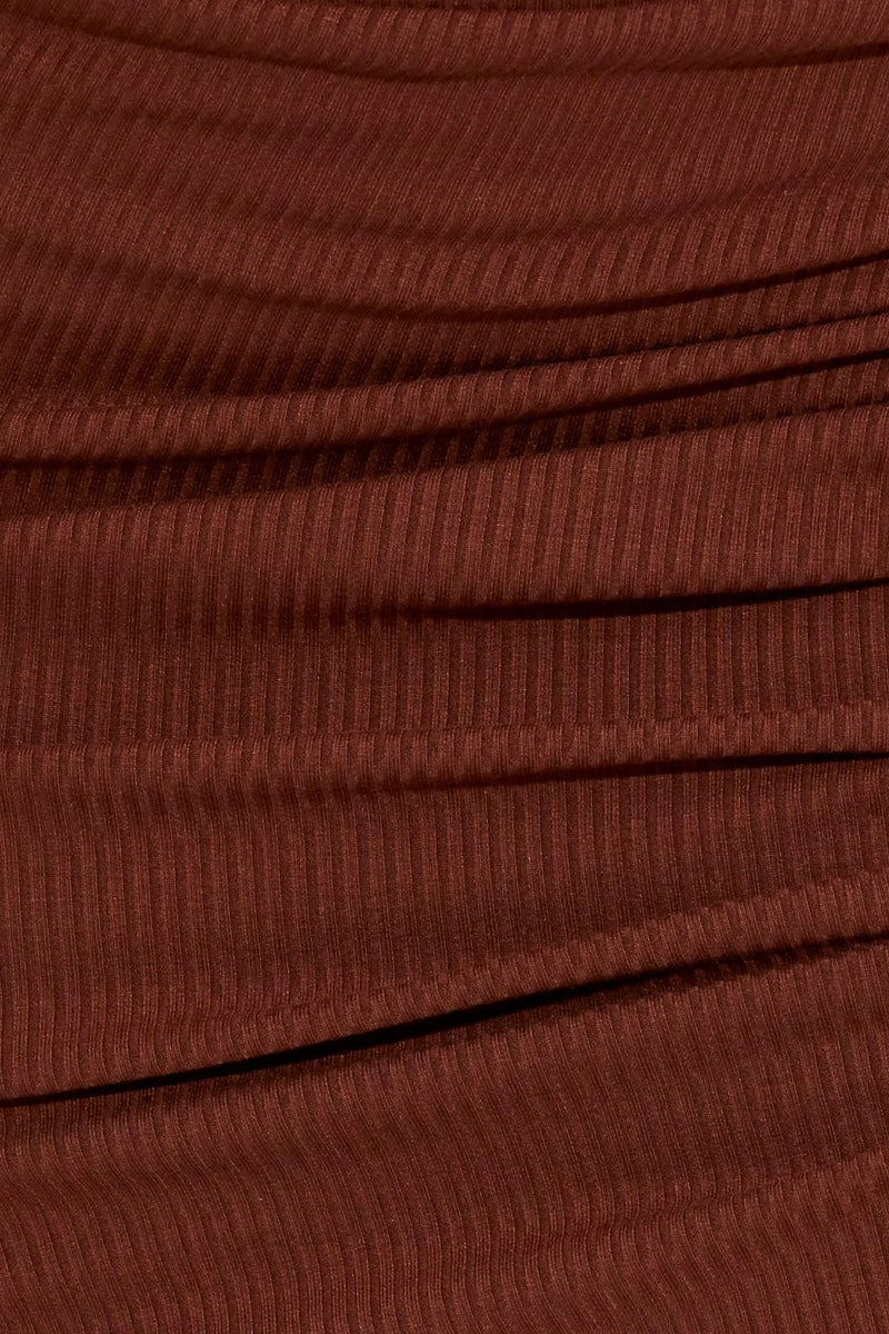 Brown Maxi Skirt Front Slit Ribbed