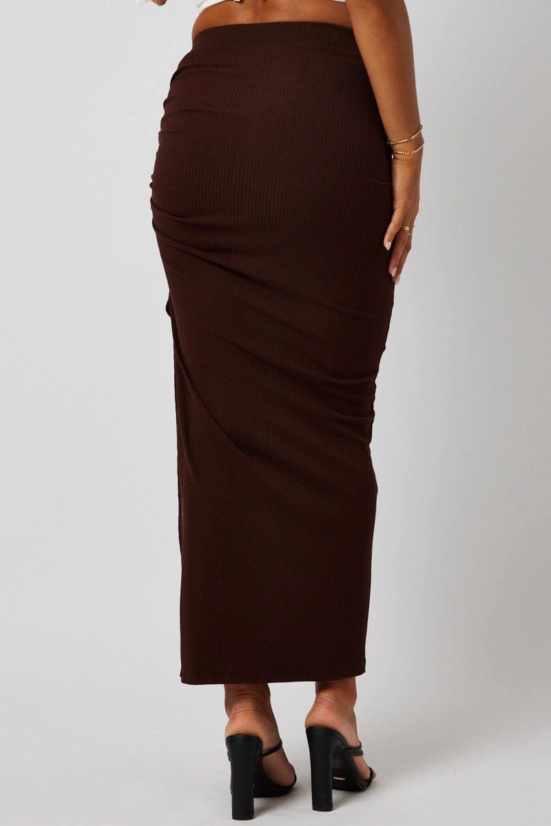 Brown Maxi Skirt Side Split Ribbed