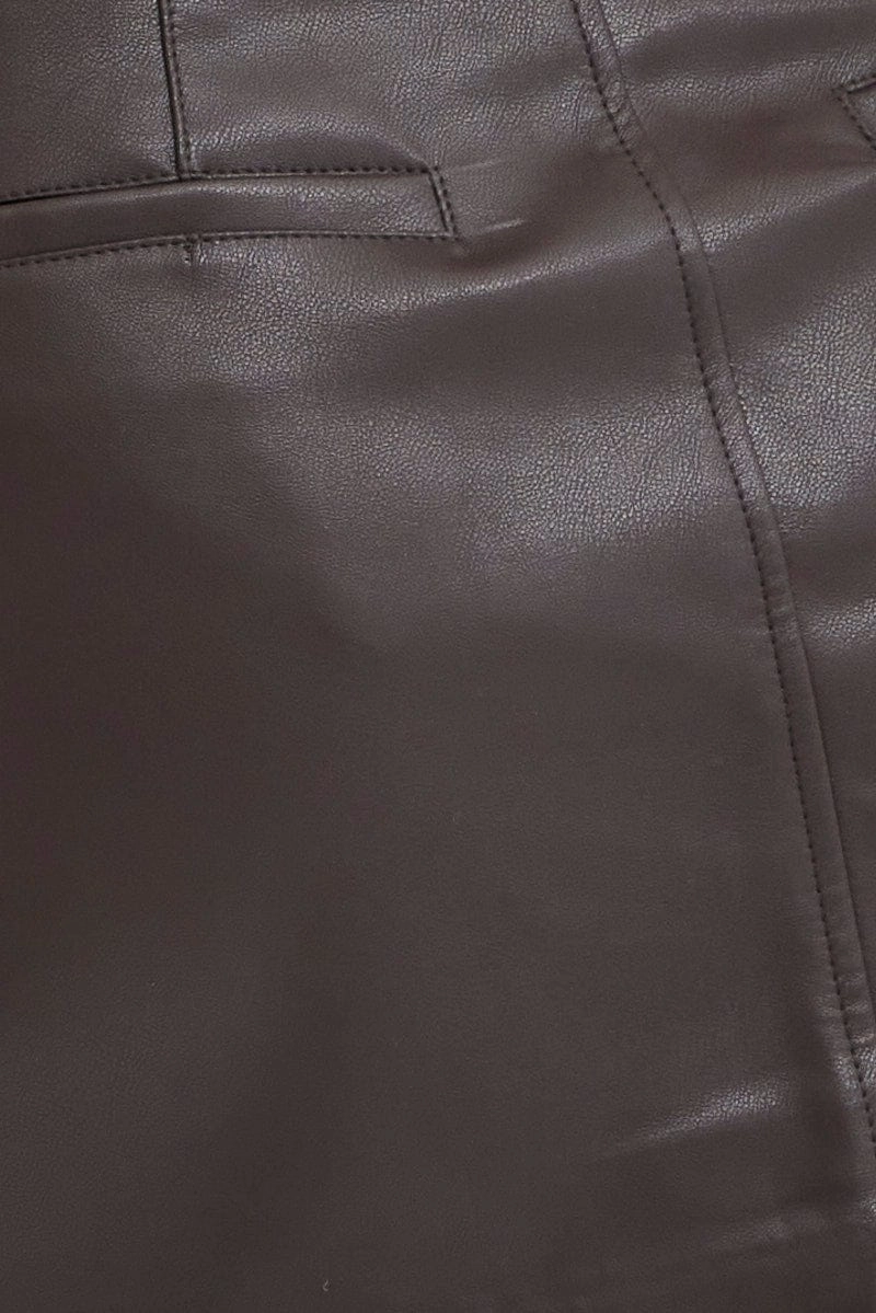 Brown Mini Skirt High Rise Pocket Detail Faux Leather
