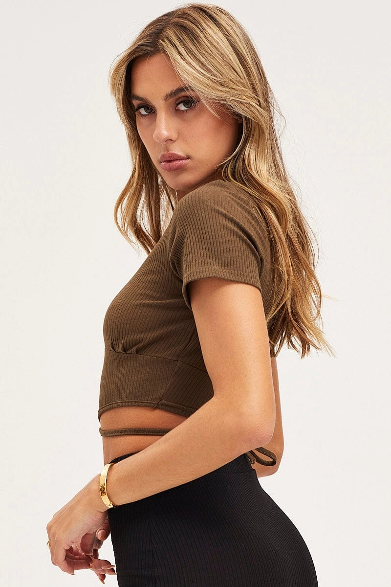 Brown Top Short Sleeve Midriff