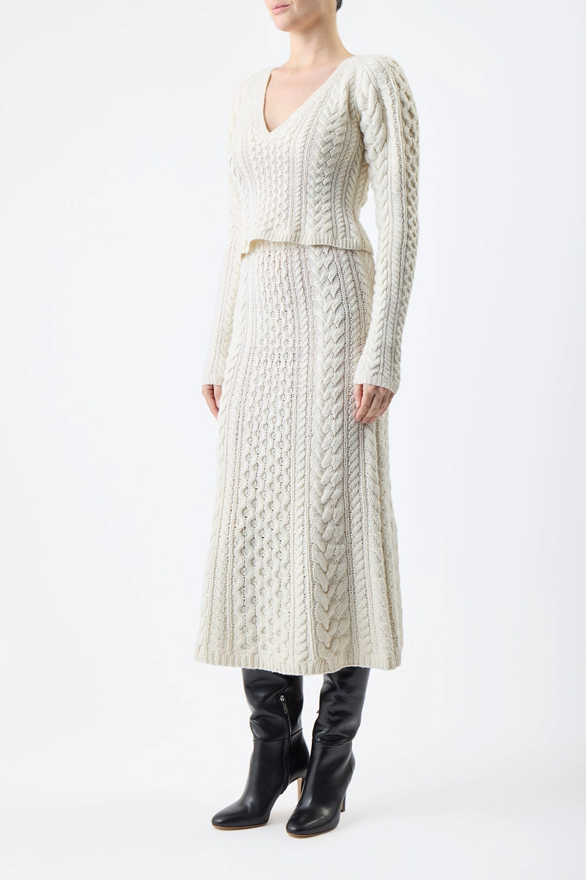 Callum Knit Midi Skirt in Ivory Cashmere