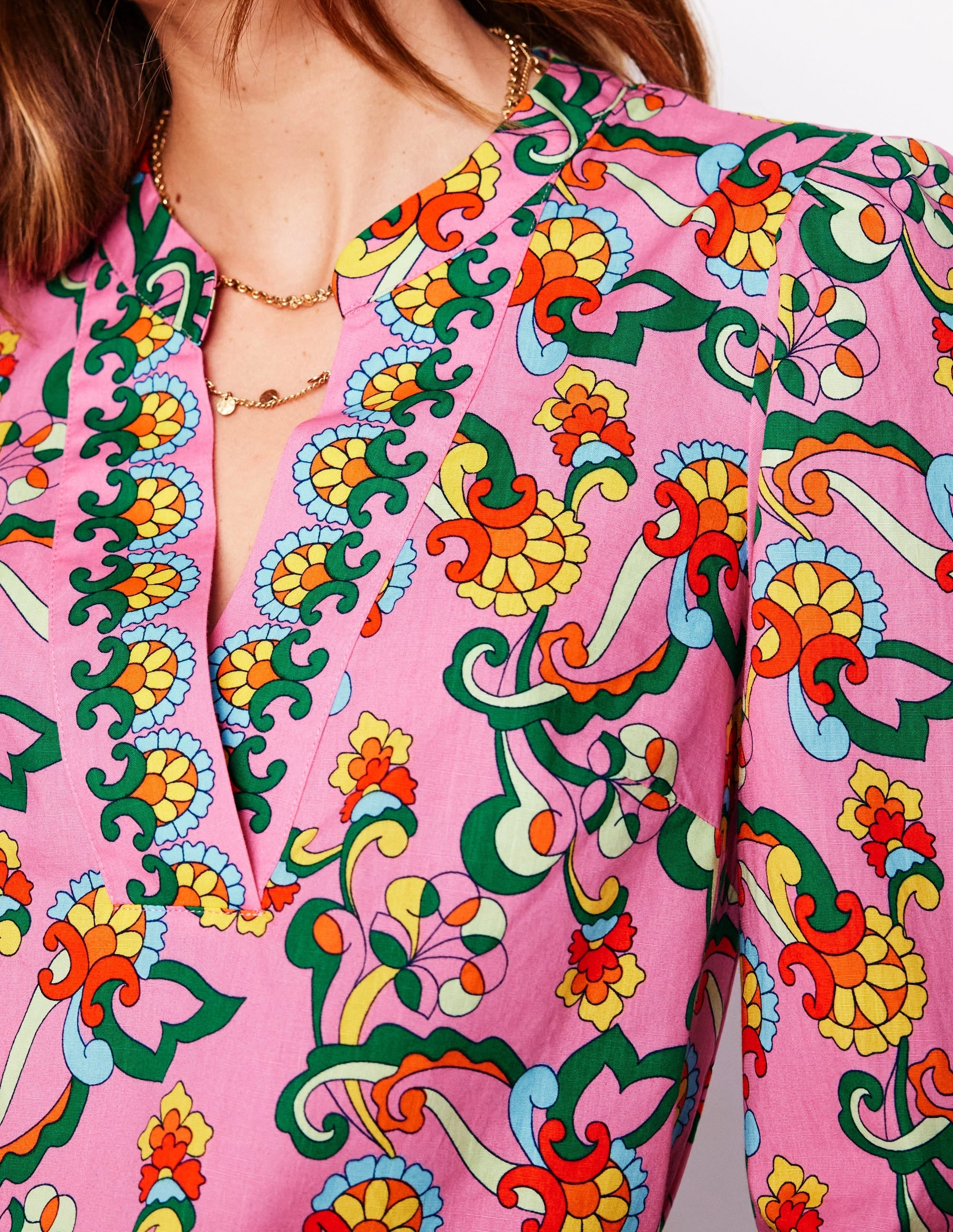 Cotton Notch Neck Top-Pink Rose. Foliage Trail